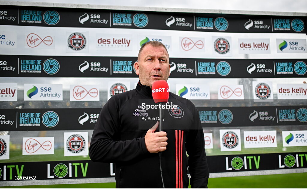 1 August 2025; Bohemians manager Alan Reynolds is interviewed by Virgin Media Sport before the SSE Airtricity Men's Premier Division match between Bohemians and Drogheda United at Dalymount Park in Dublin. Photo by Seb Daly/Sportsfile