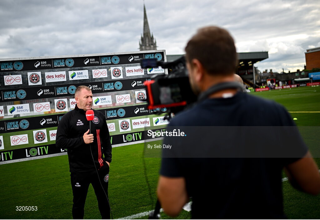 1 August 2025; Bohemians manager Alan Reynolds is interviewed by Virgin Media Sport before the SSE Airtricity Men's Premier Division match between Bohemians and Drogheda United at Dalymount Park in Dublin. Photo by Seb Daly/Sportsfile