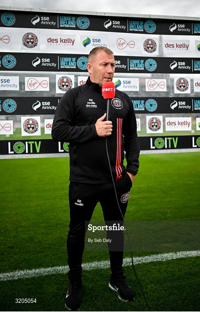 1 August 2025; Bohemians manager Alan Reynolds is interviewed by Virgin Media Sport before the SSE Airtricity Men's Premier Division match between Bohemians and Drogheda United at Dalymount Park in Dublin. Photo by Seb Daly/Sportsfile