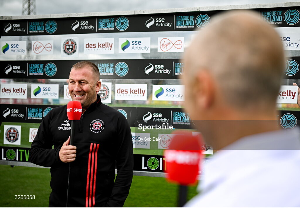1 August 2025; Bohemians manager Alan Reynolds is interviewed by Virgin Media Sport before the SSE Airtricity Men's Premier Division match between Bohemians and Drogheda United at Dalymount Park in Dublin. Photo by Seb Daly/Sportsfile