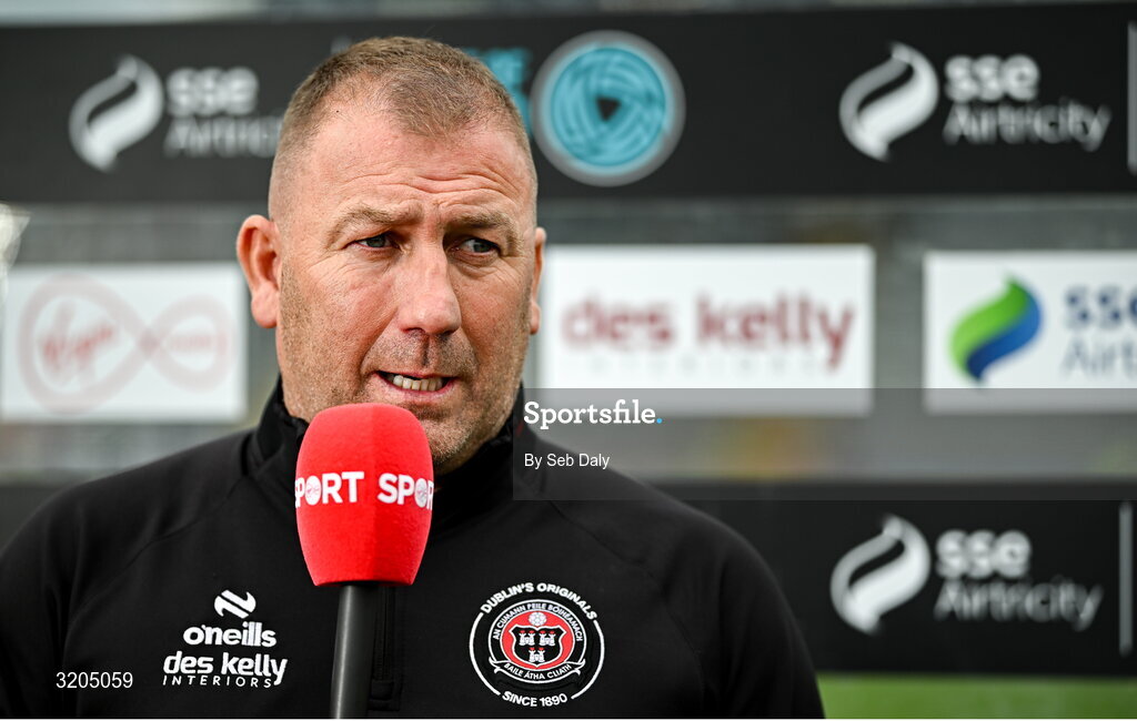 1 August 2025; Bohemians manager Alan Reynolds is interviewed by Virgin Media Sport before the SSE Airtricity Men's Premier Division match between Bohemians and Drogheda United at Dalymount Park in Dublin. Photo by Seb Daly/Sportsfile