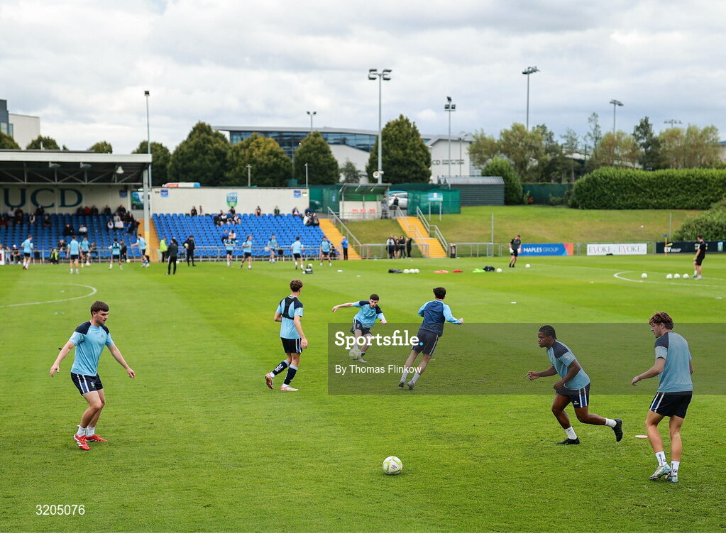 1 August 2025; UCD players warm up before the SSE Airtricity Men's First Division match between UCD and Dundalk at UCD Bowl in Belfield, Dublin. Photo by Thomas Flinkow/Sportsfile