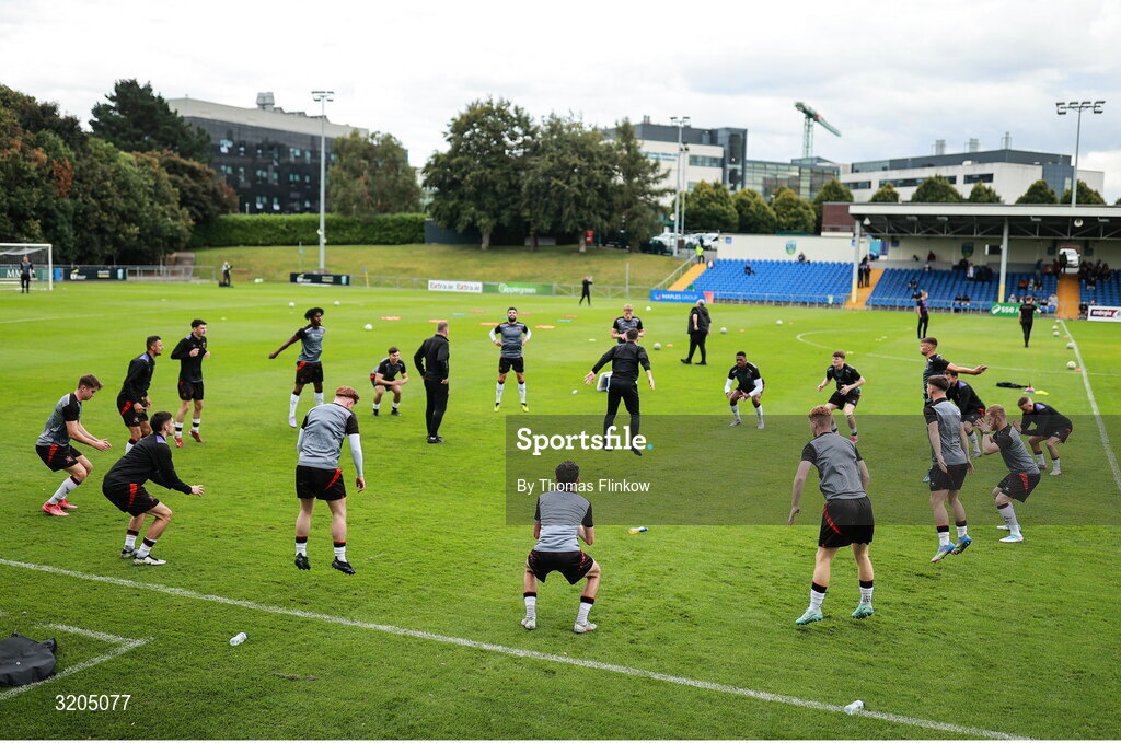 1 August 2025; Dundalk players warm up before the SSE Airtricity Men's First Division match between UCD and Dundalk at UCD Bowl in Belfield, Dublin. Photo by Thomas Flinkow/Sportsfile