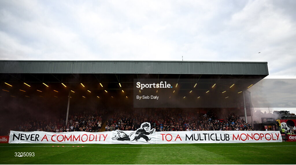 1 August 2025; Bohemians supporters display a banner before the SSE Airtricity Men's Premier Division match between Bohemians and Drogheda United at Dalymount Park in Dublin. Photo by Seb Daly/Sportsfile