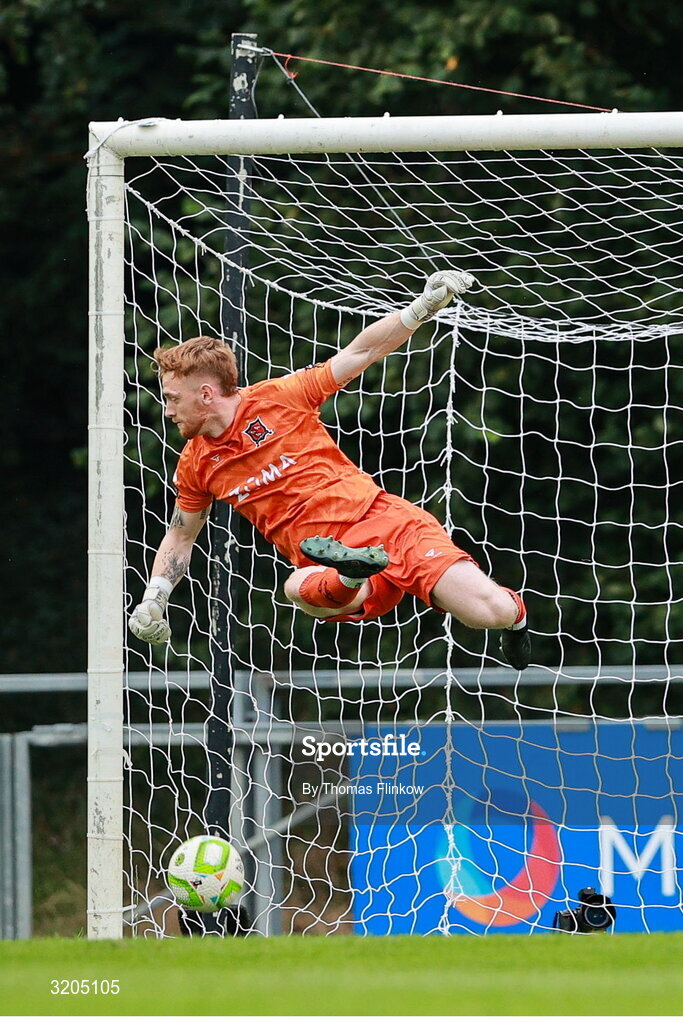 1 August 2025; Dundalk goalkeeper Enda Minogue makes a save during the SSE Airtricity Men's First Division match between UCD and Dundalk at UCD Bowl in Belfield, Dublin. Photo by Thomas Flinkow/Sportsfile