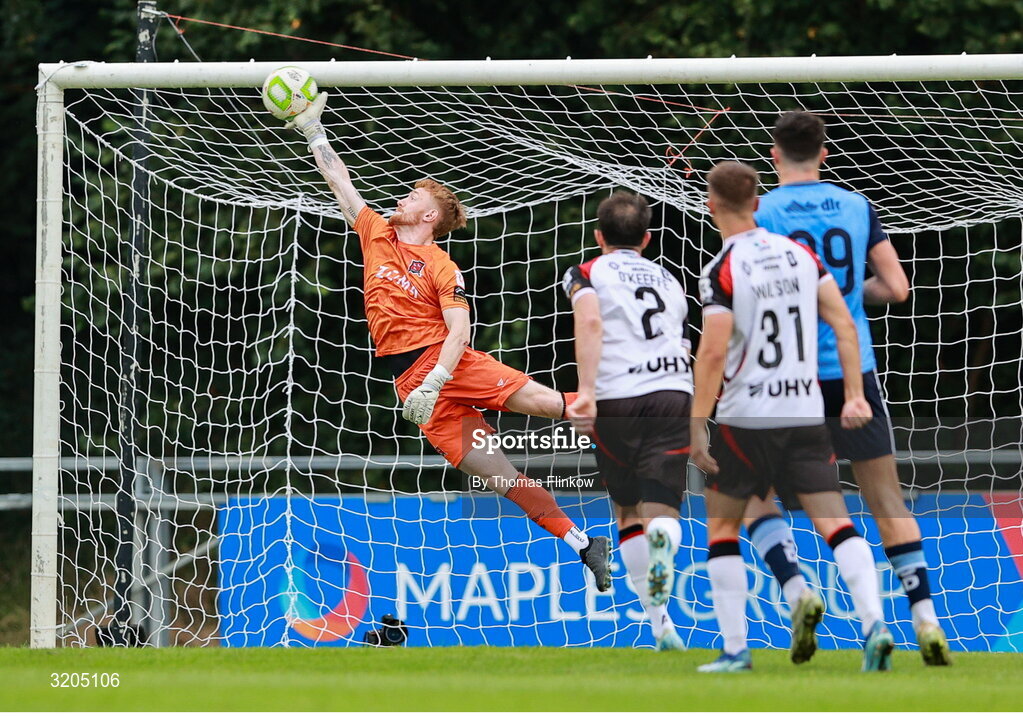 1 August 2025; Dundalk goalkeeper Enda Minogue makes a save during the SSE Airtricity Men's First Division match between UCD and Dundalk at UCD Bowl in Belfield, Dublin. Photo by Thomas Flinkow/Sportsfile