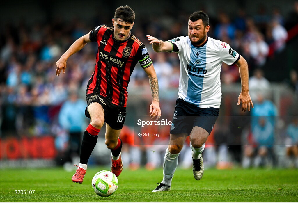 1 August 2025; Dawson Devoy of Bohemians in action against Ryan Brennan of Drogheda United during the SSE Airtricity Men's Premier Division match between Bohemians and Drogheda United at Dalymount Park in Dublin. Photo by Seb Daly/Sportsfile