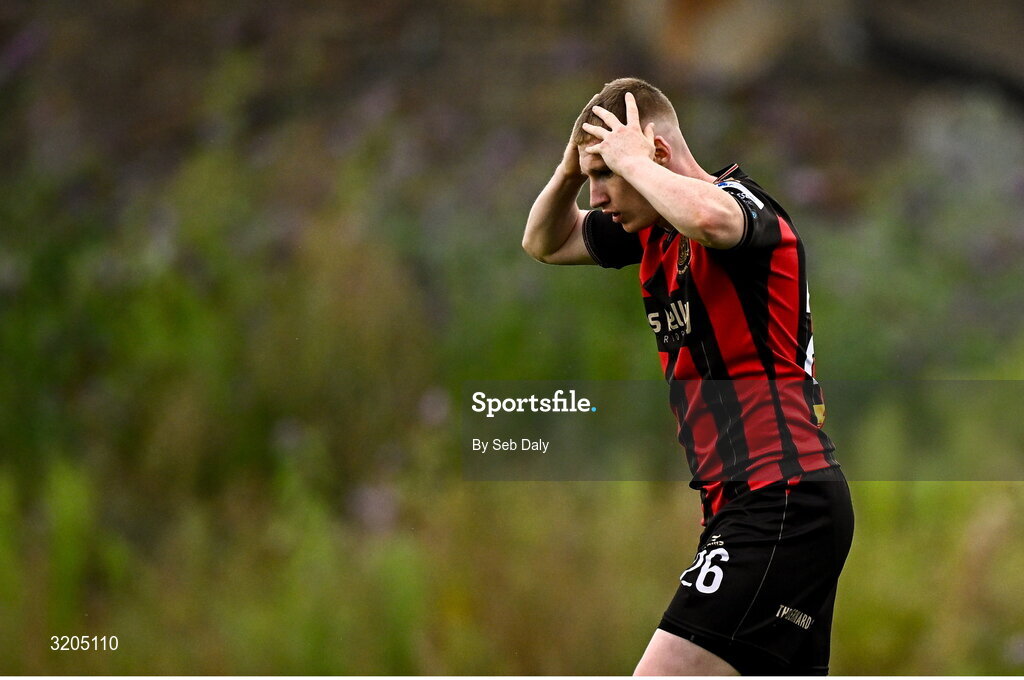 1 August 2025; Ross Tierney of Bohemians reacts during the SSE Airtricity Men's Premier Division match between Bohemians and Drogheda United at Dalymount Park in Dublin. Photo by Seb Daly/Sportsfile