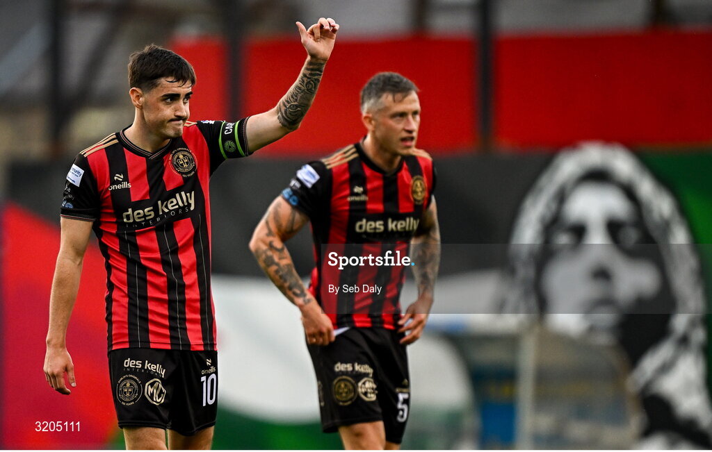 1 August 2025; Bohemians players Dawson Devoy, left, and Rob Cornwall during the SSE Airtricity Men's Premier Division match between Bohemians and Drogheda United at Dalymount Park in Dublin. Photo by Seb Daly/Sportsfile