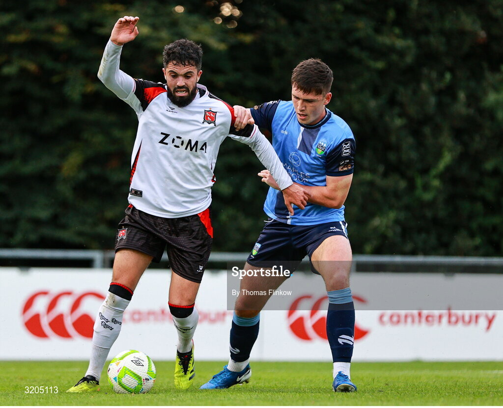 1 August 2025; Declan McDaid of Dundalk in action against Carl Lennox of UCD during the SSE Airtricity Men's First Division match between UCD and Dundalk at UCD Bowl in Belfield, Dublin. Photo by Thomas Flinkow/Sportsfile