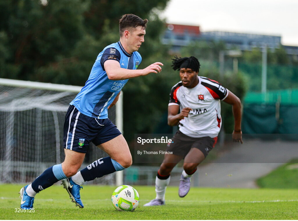 1 August 2025; Carl Lennox of UCD in action against Gbemi Arubi of Dundalk during the SSE Airtricity Men's First Division match between UCD and Dundalk at UCD Bowl in Belfield, Dublin. Photo by Thomas Flinkow/Sportsfile