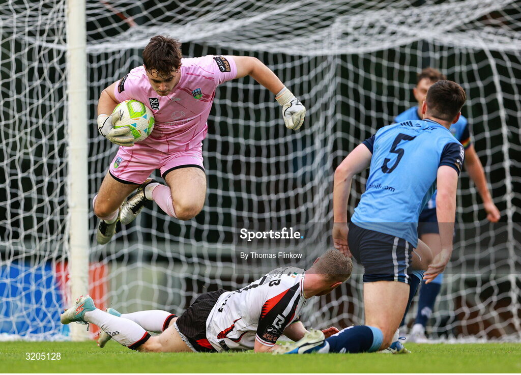 1 August 2025; UCD goalkeeper Dara Kavanagh makes a save during the SSE Airtricity Men's First Division match between UCD and Dundalk at UCD Bowl in Belfield, Dublin. Photo by Thomas Flinkow/Sportsfile