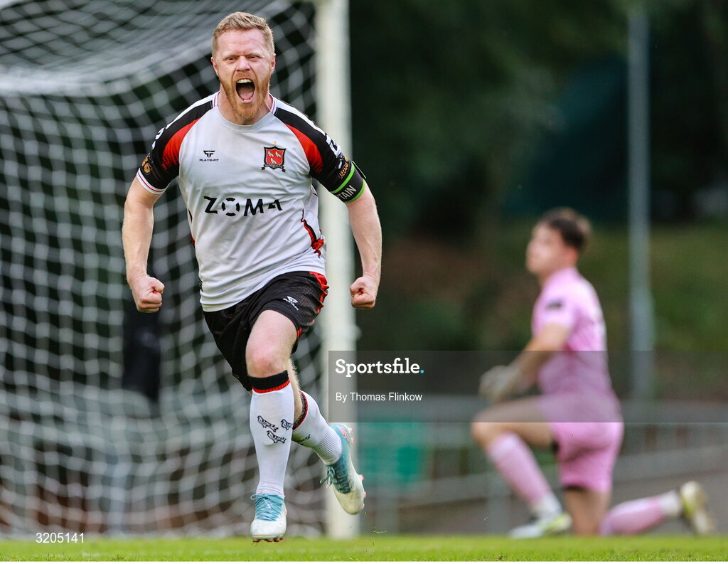 1 August 2025; Daryl Horgan of Dundalk celebrates after scoring his side's first goal, a penalty, during the SSE Airtricity Men's First Division match between UCD and Dundalk at UCD Bowl in Belfield, Dublin. Photo by Thomas Flinkow/Sportsfile