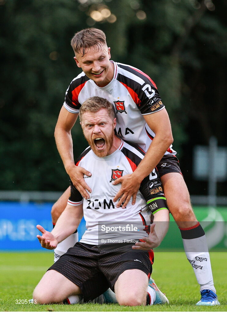 1 August 2025; Daryl Horgan of Dundalk, front, celebrates with teammate John Ross Wilson after scoring his side's first goal, a penalty, during the SSE Airtricity Men's First Division match between UCD and Dundalk at UCD Bowl in Belfield, Dublin. Photo by Thomas Flinkow/Sportsfile