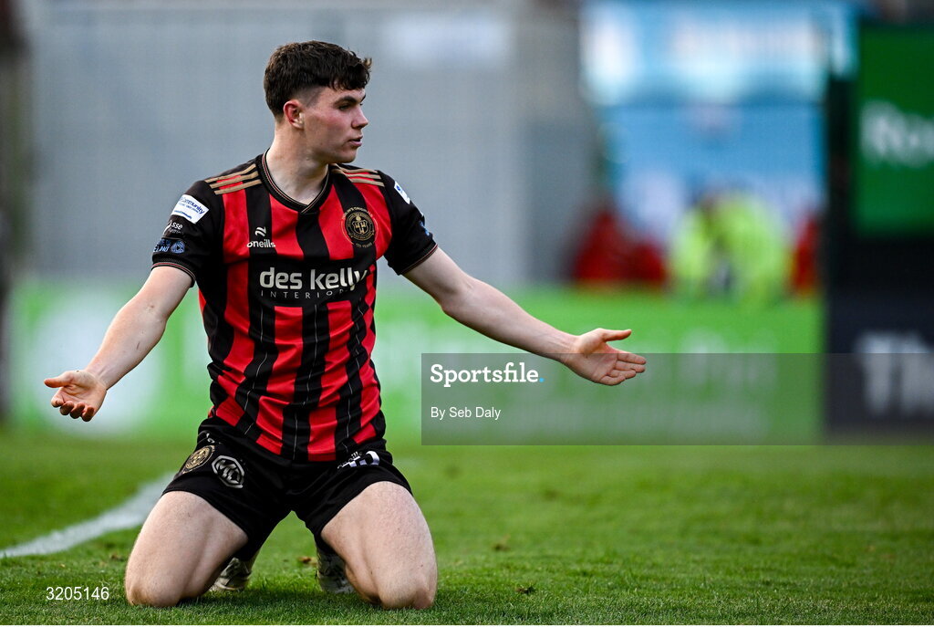 1 August 2025; James Clarke of Bohemians reacts during the SSE Airtricity Men's Premier Division match between Bohemians and Drogheda United at Dalymount Park in Dublin. Photo by Seb Daly/Sportsfile
