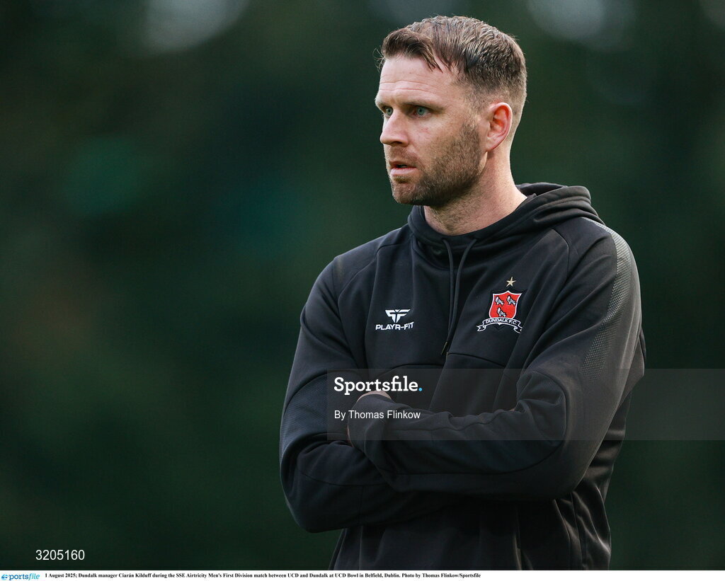 1 August 2025; Dundalk manager Ciarán Kilduff during the SSE Airtricity Men's First Division match between UCD and Dundalk at UCD Bowl in Belfield, Dublin. Photo by Thomas Flinkow/Sportsfile