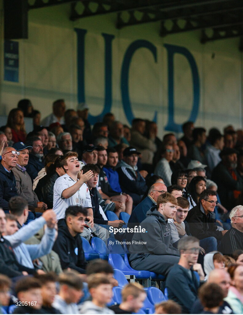 1 August 2025; Supporters during the SSE Airtricity Men's First Division match between UCD and Dundalk at UCD Bowl in Belfield, Dublin. Photo by Thomas Flinkow/Sportsfile