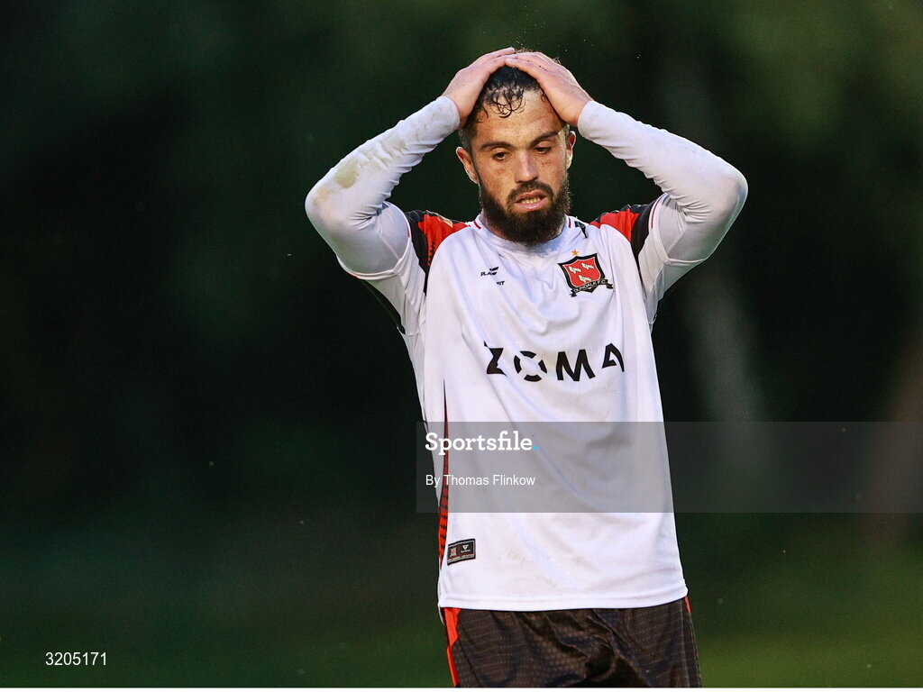 1 August 2025; Declan McDaid of Dundalk reacts to a missed opportunity on goal during the SSE Airtricity Men's First Division match between UCD and Dundalk at UCD Bowl in Belfield, Dublin. Photo by Thomas Flinkow/Sportsfile