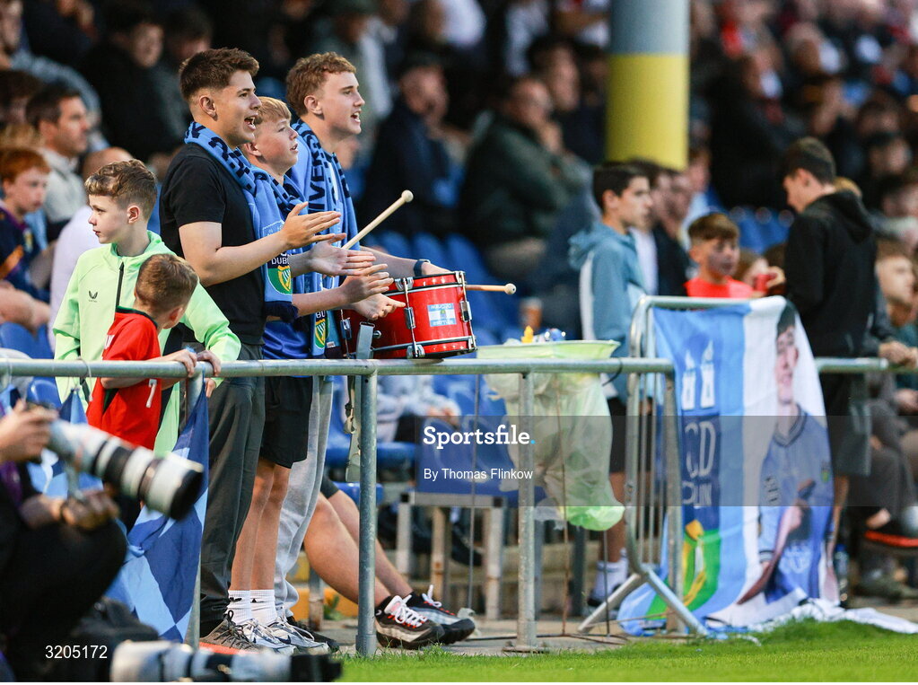 1 August 2025; UCD supporters during the SSE Airtricity Men's First Division match between UCD and Dundalk at UCD Bowl in Belfield, Dublin. Photo by Thomas Flinkow/Sportsfile