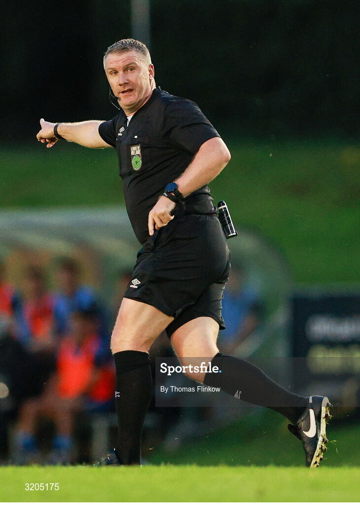 1 August 2025; Referee Mark Houlihan during the SSE Airtricity Men's First Division match between UCD and Dundalk at UCD Bowl in Belfield, Dublin. Photo by Thomas Flinkow/Sportsfile