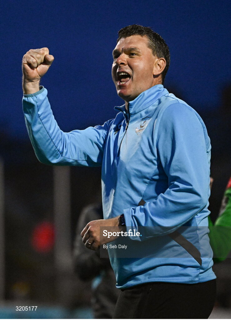1 August 2025; Drogheda United manager Kevin Doherty celebrates after his side's victory in the SSE Airtricity Men's Premier Division match between Bohemians and Drogheda United at Dalymount Park in Dublin. Photo by Seb Daly/Sportsfile