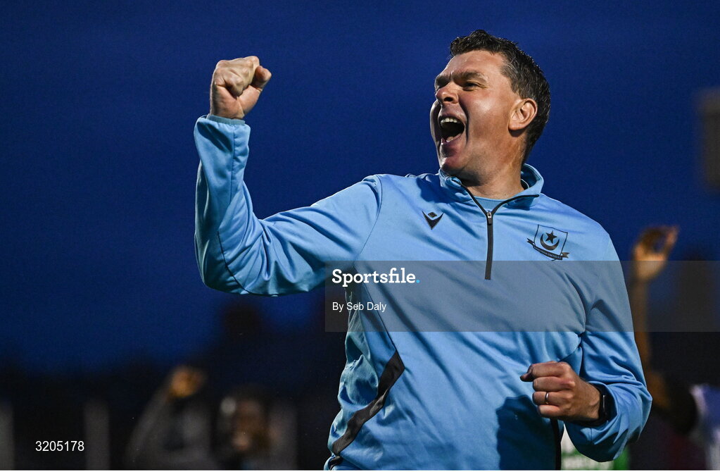 1 August 2025; Drogheda United manager Kevin Doherty celebrates after his side's victory in the SSE Airtricity Men's Premier Division match between Bohemians and Drogheda United at Dalymount Park in Dublin. Photo by Seb Daly/Sportsfile