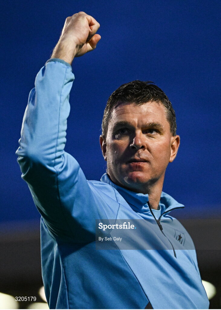 1 August 2025; Drogheda United manager Kevin Doherty celebrates after his side's victory in the SSE Airtricity Men's Premier Division match between Bohemians and Drogheda United at Dalymount Park in Dublin. Photo by Seb Daly/Sportsfile