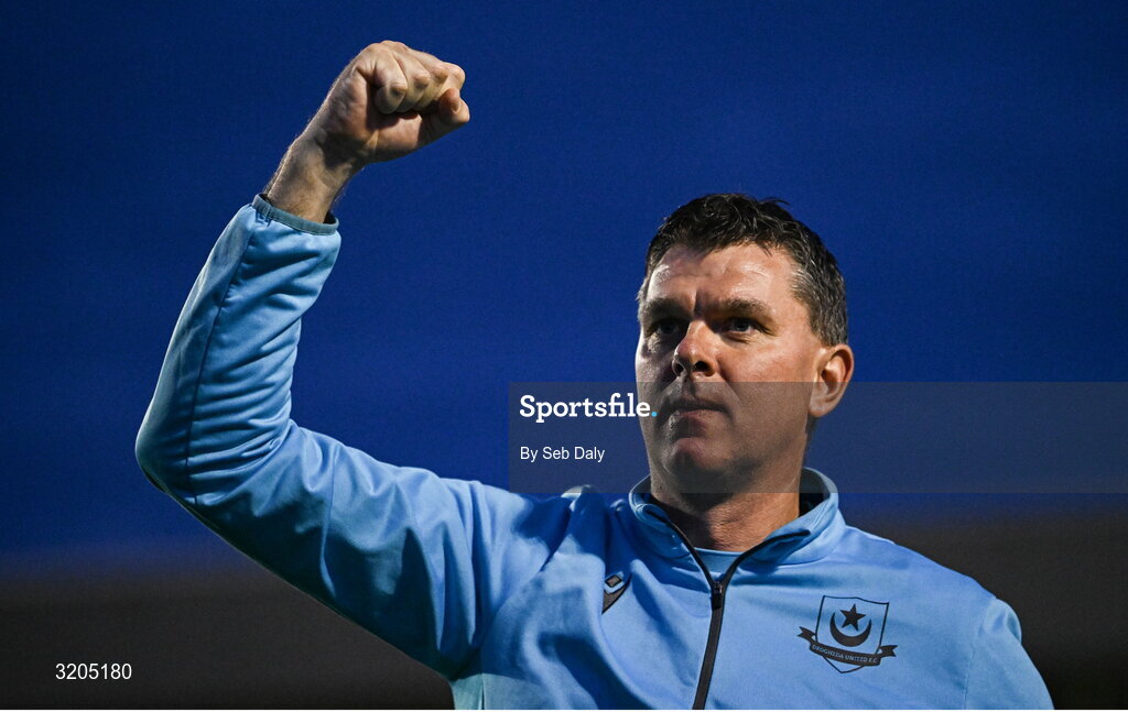 1 August 2025; Drogheda United manager Kevin Doherty celebrates after his side's victory in the SSE Airtricity Men's Premier Division match between Bohemians and Drogheda United at Dalymount Park in Dublin. Photo by Seb Daly/Sportsfile