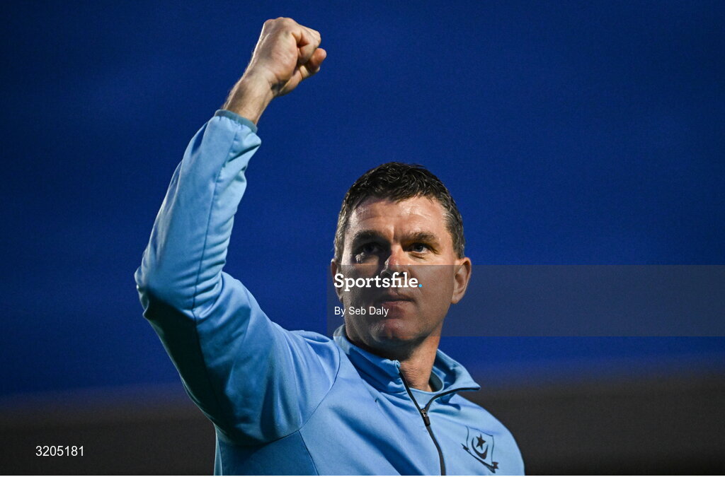 1 August 2025; Drogheda United manager Kevin Doherty celebrates after his side's victory in the SSE Airtricity Men's Premier Division match between Bohemians and Drogheda United at Dalymount Park in Dublin. Photo by Seb Daly/Sportsfile