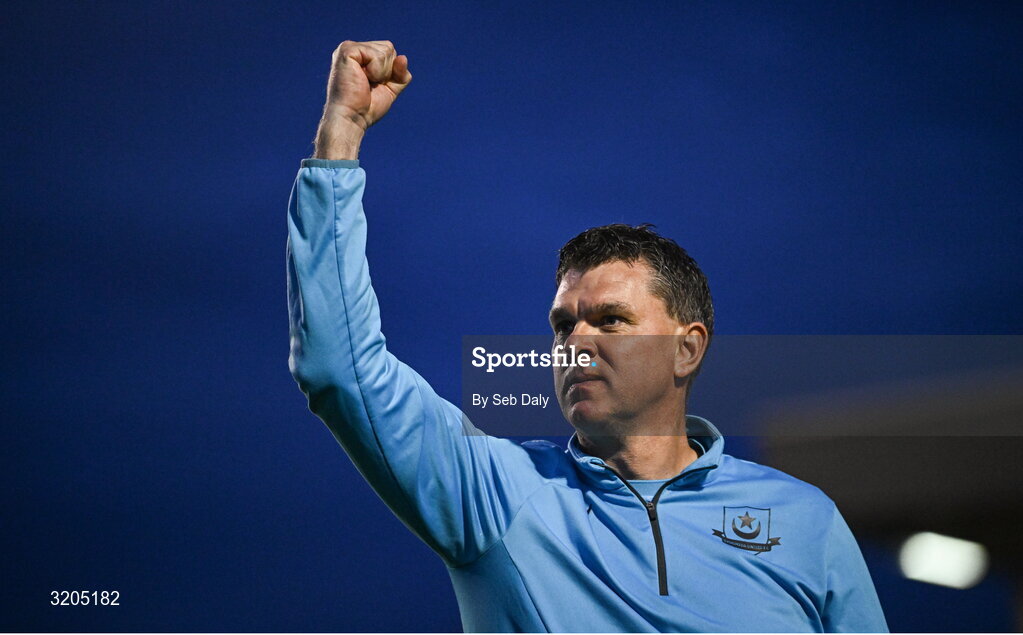 1 August 2025; Drogheda United manager Kevin Doherty celebrates after his side's victory in the SSE Airtricity Men's Premier Division match between Bohemians and Drogheda United at Dalymount Park in Dublin. Photo by Seb Daly/Sportsfile