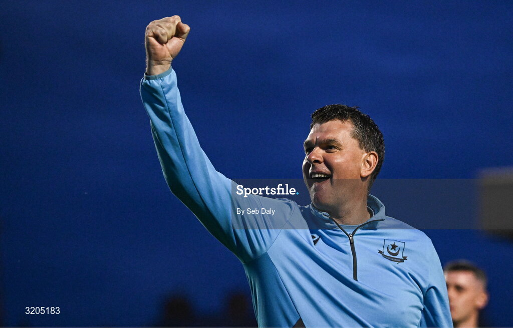 1 August 2025; Drogheda United manager Kevin Doherty celebrates after his side's victory in the SSE Airtricity Men's Premier Division match between Bohemians and Drogheda United at Dalymount Park in Dublin. Photo by Seb Daly/Sportsfile