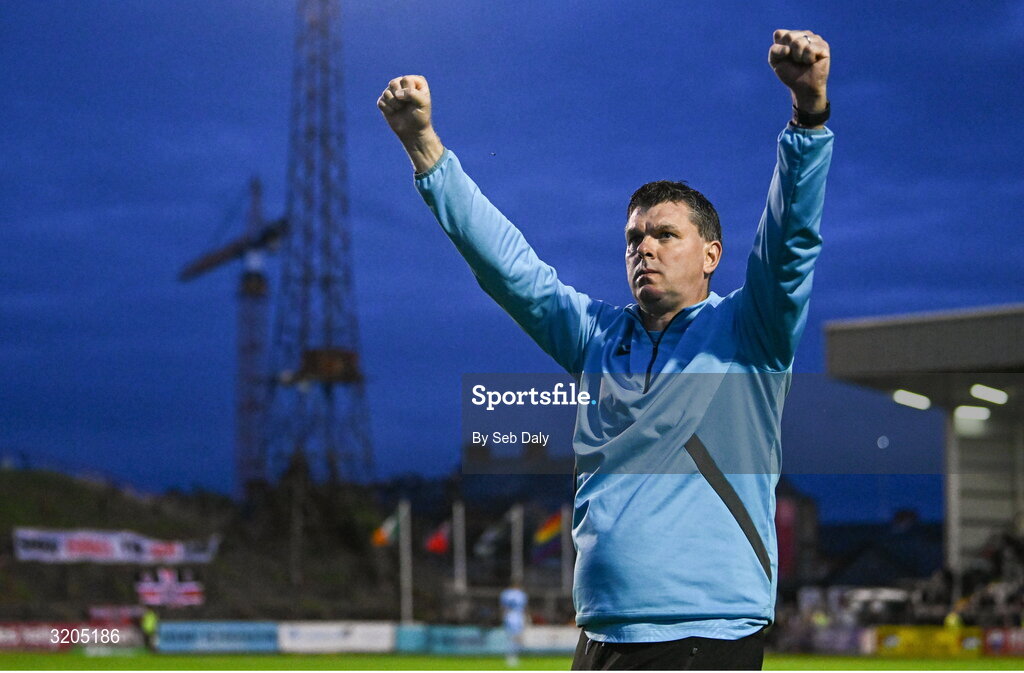 1 August 2025; Drogheda United manager Kevin Doherty celebrates at the final whistle after his side's victory in the SSE Airtricity Men's Premier Division match between Bohemians and Drogheda United at Dalymount Park in Dublin. Photo by Seb Daly/Sportsfile