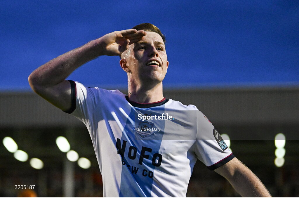 1 August 2025; Warren Davis of Drogheda United celebrates after his side's victory in the SSE Airtricity Men's Premier Division match between Bohemians and Drogheda United at Dalymount Park in Dublin. Photo by Seb Daly/Sportsfile
