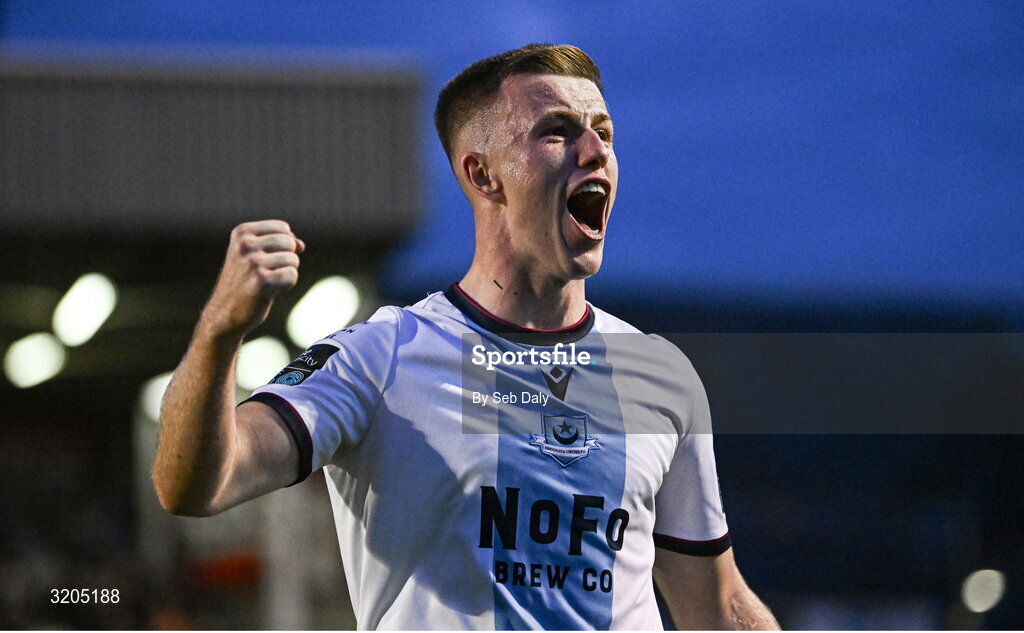 1 August 2025; Warren Davis of Drogheda United celebrates after his side's victory in the SSE Airtricity Men's Premier Division match between Bohemians and Drogheda United at Dalymount Park in Dublin. Photo by Seb Daly/Sportsfile