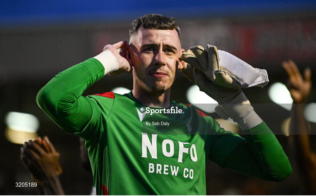 1 August 2025; Drogheda United goalkeeper Luke Dennison celebrates after his side's victory in the SSE Airtricity Men's Premier Division match between Bohemians and Drogheda United at Dalymount Park in Dublin. Photo by Seb Daly/Sportsfile