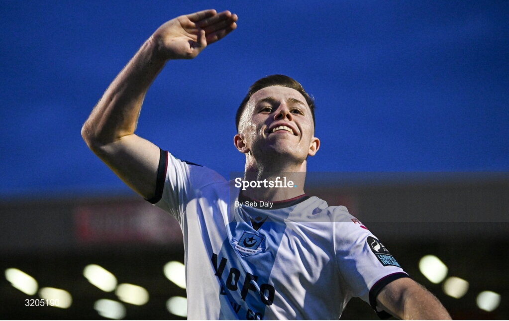 1 August 2025; Warren Davis of Drogheda United celebrates after his side's victory in the SSE Airtricity Men's Premier Division match between Bohemians and Drogheda United at Dalymount Park in Dublin. Photo by Seb Daly/Sportsfile