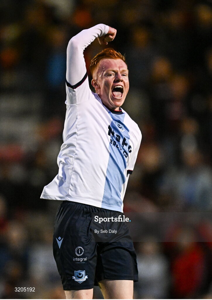 1 August 2025; Shane Farrell of Drogheda United celebrates after his side's victory in the SSE Airtricity Men's Premier Division match between Bohemians and Drogheda United at Dalymount Park in Dublin. Photo by Seb Daly/Sportsfile