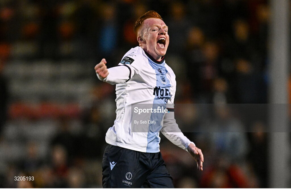 1 August 2025; Shane Farrell of Drogheda United celebrates after his side's victory in the SSE Airtricity Men's Premier Division match between Bohemians and Drogheda United at Dalymount Park in Dublin. Photo by Seb Daly/Sportsfile