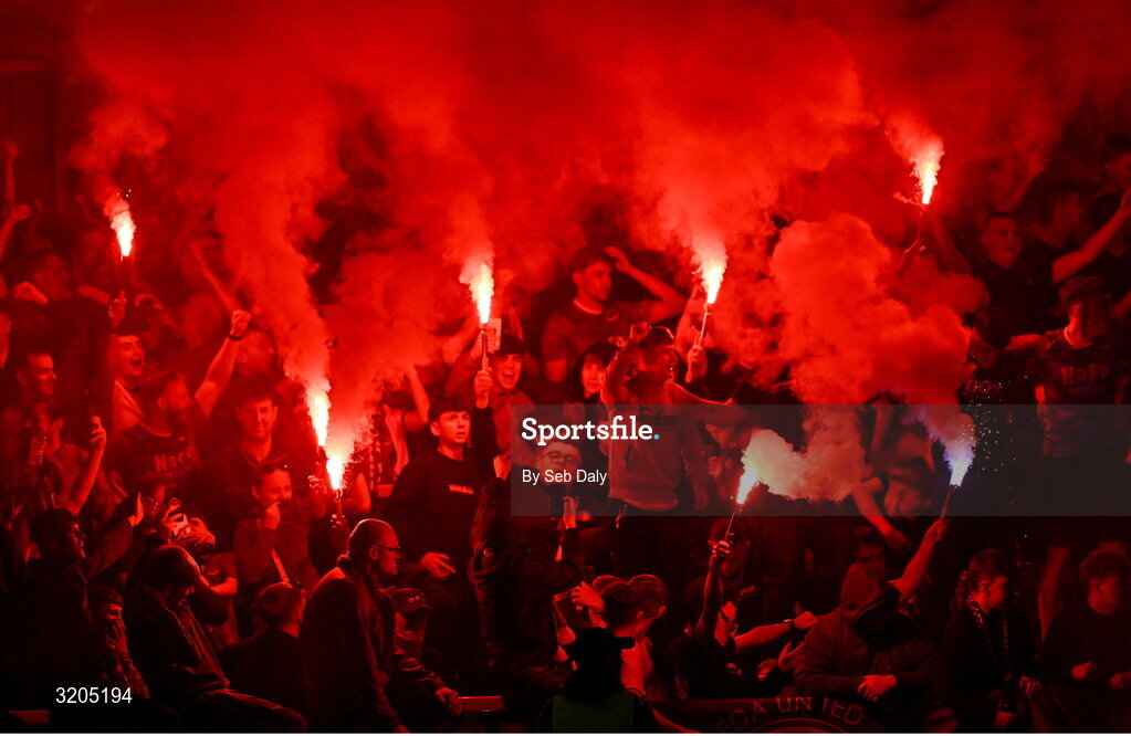 1 August 2025; Drogheda United supporters during the SSE Airtricity Men's Premier Division match between Bohemians and Drogheda United at Dalymount Park in Dublin. Photo by Seb Daly/Sportsfile