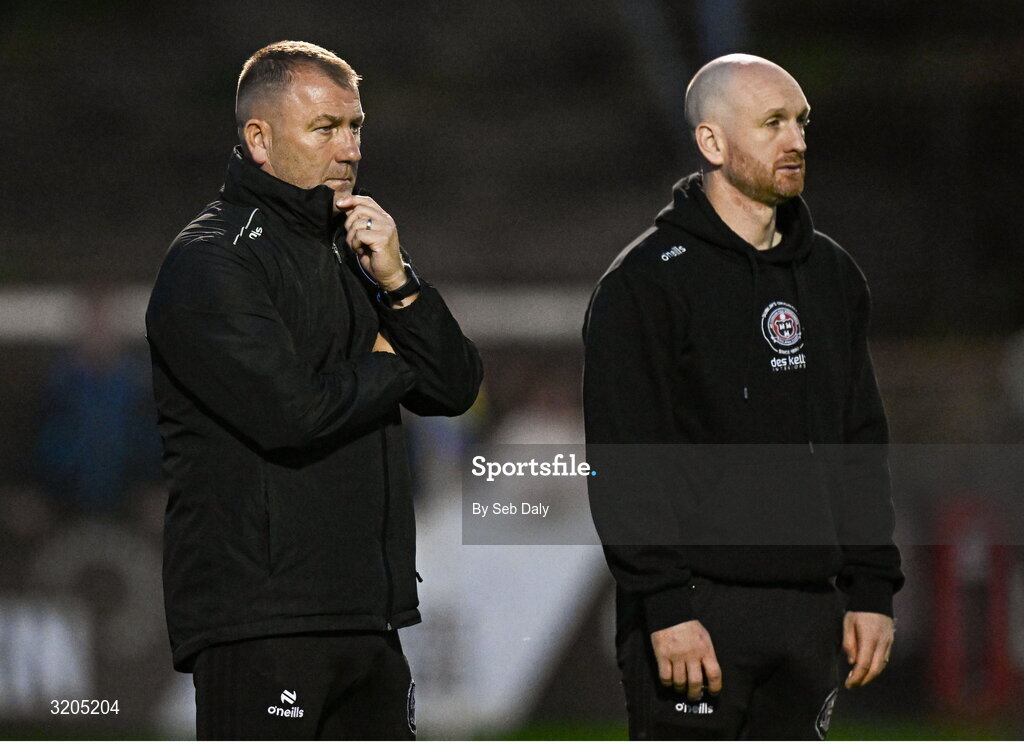 1 August 2025; Bohemians manager Alan Reynolds, left, and assistant manager Stephen O'Donnell during the SSE Airtricity Men's Premier Division match between Bohemians and Drogheda United at Dalymount Park in Dublin. Photo by Seb Daly/Sportsfile