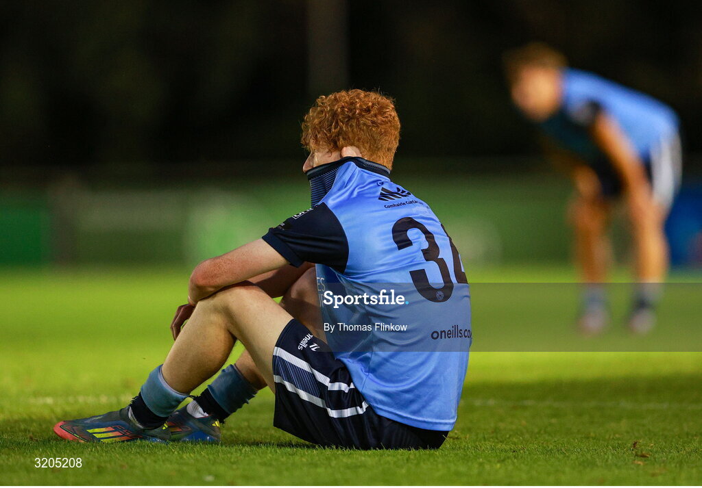 1 August 2025; Adam Wells of UCD dejected at the final whistle in the SSE Airtricity Men's First Division match between UCD and Dundalk at UCD Bowl in Belfield, Dublin. Photo by Thomas Flinkow/Sportsfile