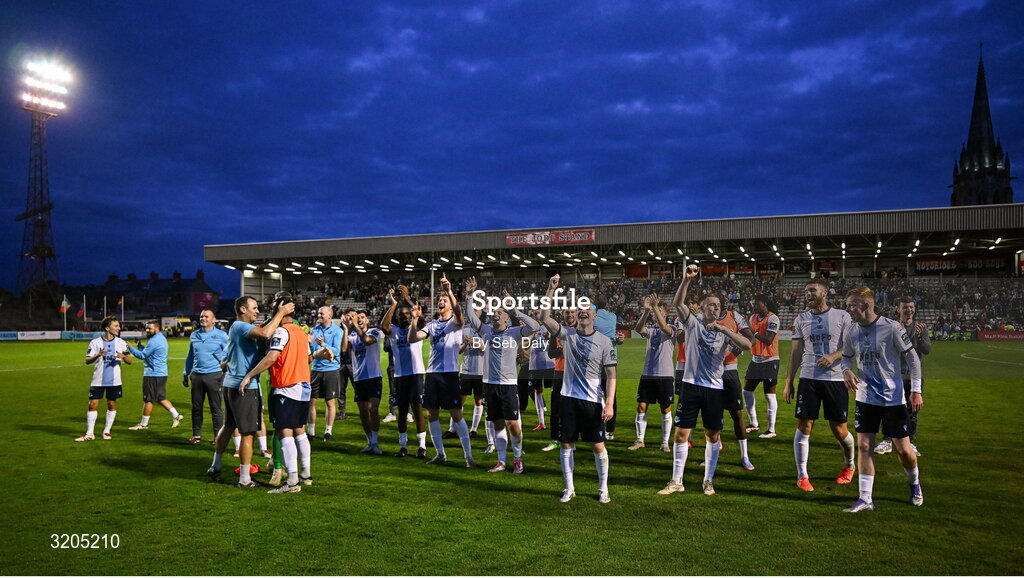 1 August 2025; Drogheda United players and management celebrate after their side's victory in the SSE Airtricity Men's Premier Division match between Bohemians and Drogheda United at Dalymount Park in Dublin. Photo by Seb Daly/Sportsfile