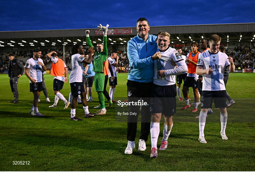 1 August 2025; Drogheda United manager Kevin Doherty and goalscorer Josh Thomas celebrate after their side's victory in the SSE Airtricity Men's Premier Division match between Bohemians and Drogheda United at Dalymount Park in Dublin. Photo by Seb Daly/Sportsfile