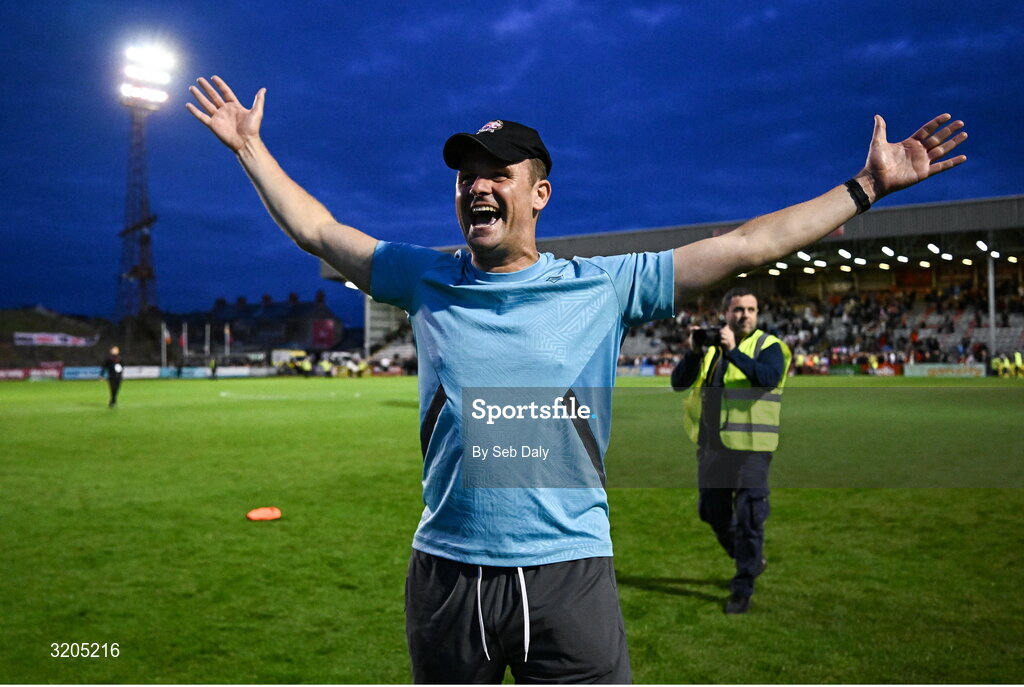 1 August 2025; Drogheda United assistant manager Daire Doyle celebrates after his side's victory in the SSE Airtricity Men's Premier Division match between Bohemians and Drogheda United at Dalymount Park in Dublin. Photo by Seb Daly/Sportsfile