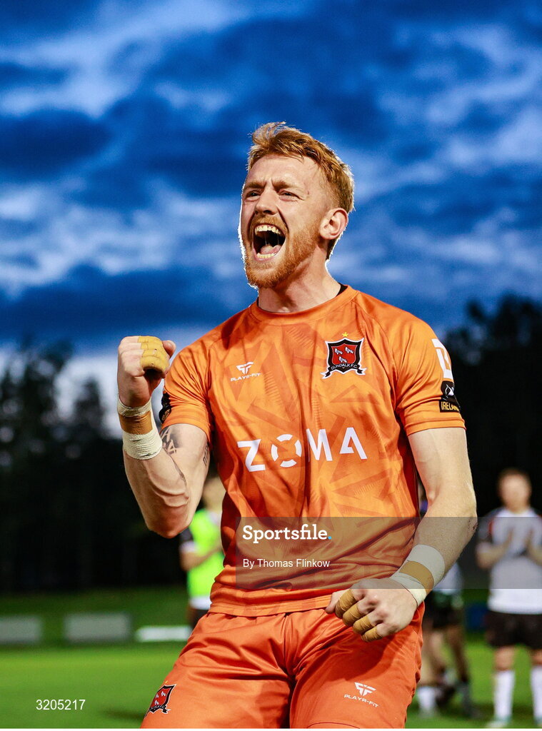 1 August 2025; Dundalk goalkeeper Enda Minogue celebrates after the SSE Airtricity Men's First Division match between UCD and Dundalk at UCD Bowl in Belfield, Dublin. Photo by Thomas Flinkow/Sportsfile