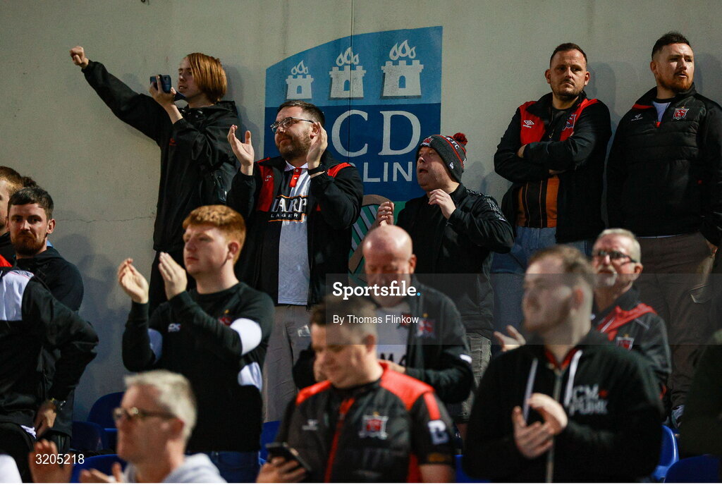 1 August 2025; Dundalk supporters celebrate after their side's victory in the SSE Airtricity Men's First Division match between UCD and Dundalk at UCD Bowl in Belfield, Dublin. Photo by Thomas Flinkow/Sportsfile