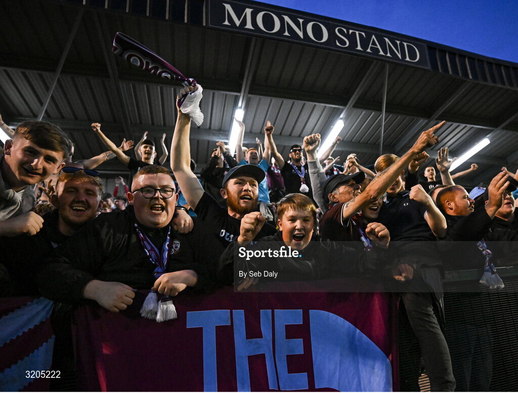 1 August 2025; Drogheda United supporters celebrate after their side's victory in the SSE Airtricity Men's Premier Division match between Bohemians and Drogheda United at Dalymount Park in Dublin. Photo by Seb Daly/Sportsfile