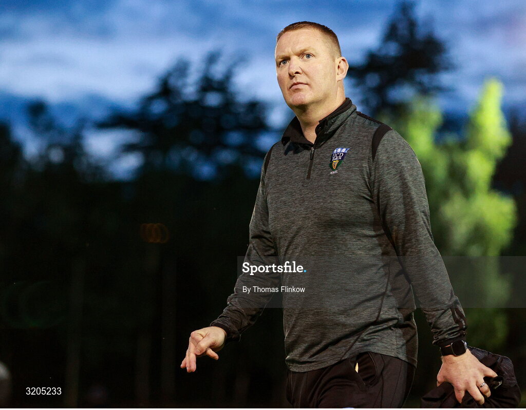 1 August 2025; UCD manager William O'Connor leaves the pitch after the SSE Airtricity Men's First Division match between UCD and Dundalk at UCD Bowl in Belfield, Dublin. Photo by Thomas Flinkow/Sportsfile