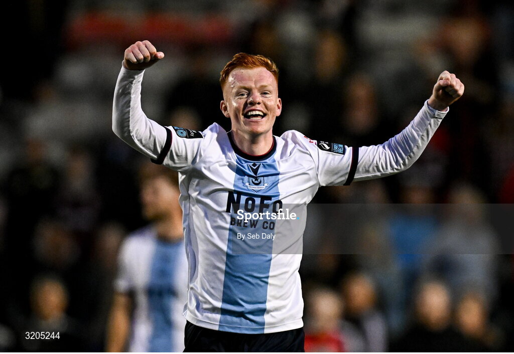 1 August 2025; Shane Farrell of Drogheda United celebrates after the SSE Airtricity Men's Premier Division match between Bohemians and Drogheda United at Dalymount Park in Dublin. Photo by Seb Daly/Sportsfile