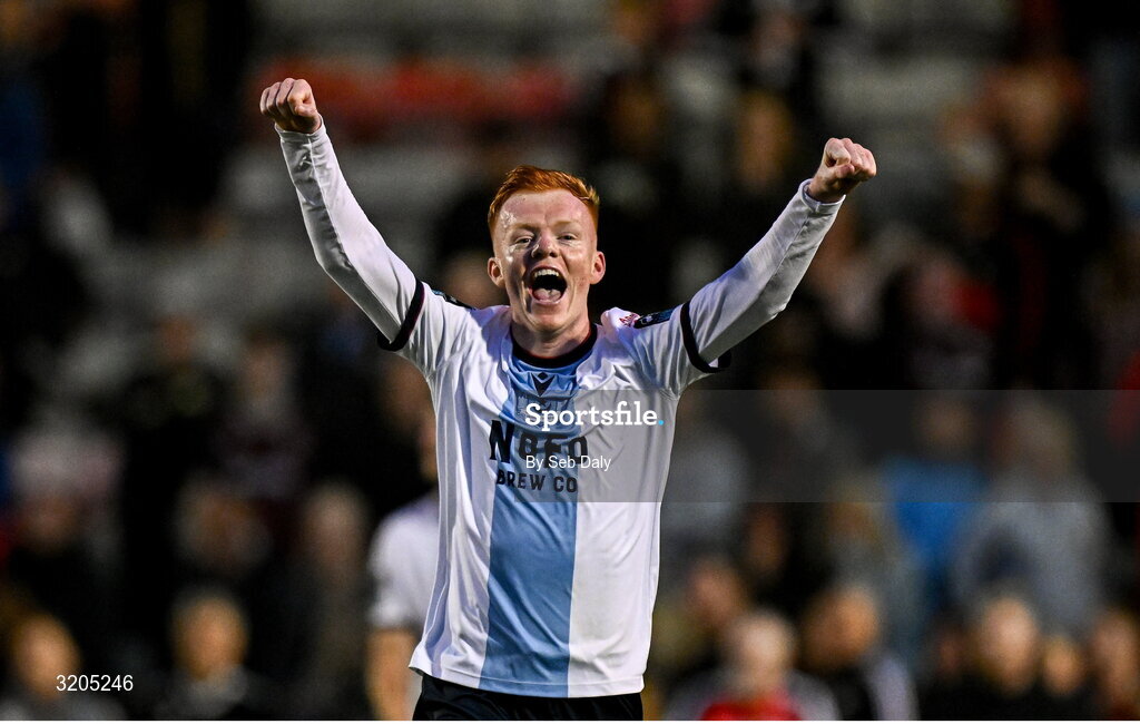 1 August 2025; Shane Farrell of Drogheda United celebrates after the SSE Airtricity Men's Premier Division match between Bohemians and Drogheda United at Dalymount Park in Dublin. Photo by Seb Daly/Sportsfile